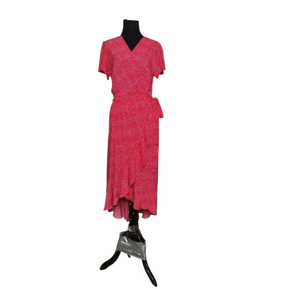 Zesica red white print short sleeves wrap midi dress size Small - Picture 15 of 16